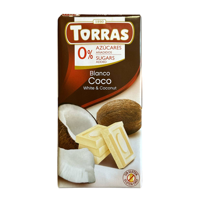 Шоколад білий з кокосом Torras без цукру та глютена 75г