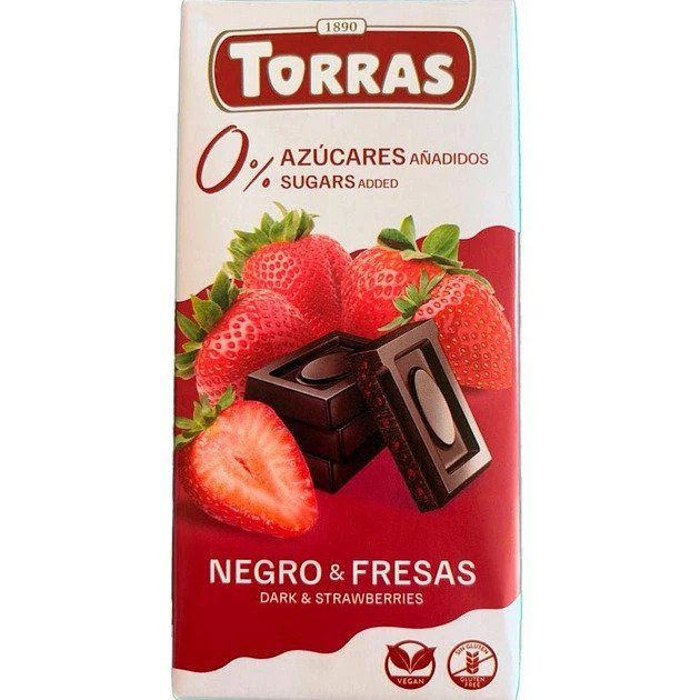 Черный шоколад Torras с кусочками клубники 75 г без сахара