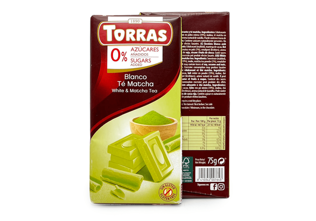 Шоколад Torras білий з чаєм матча без цукру, 75г